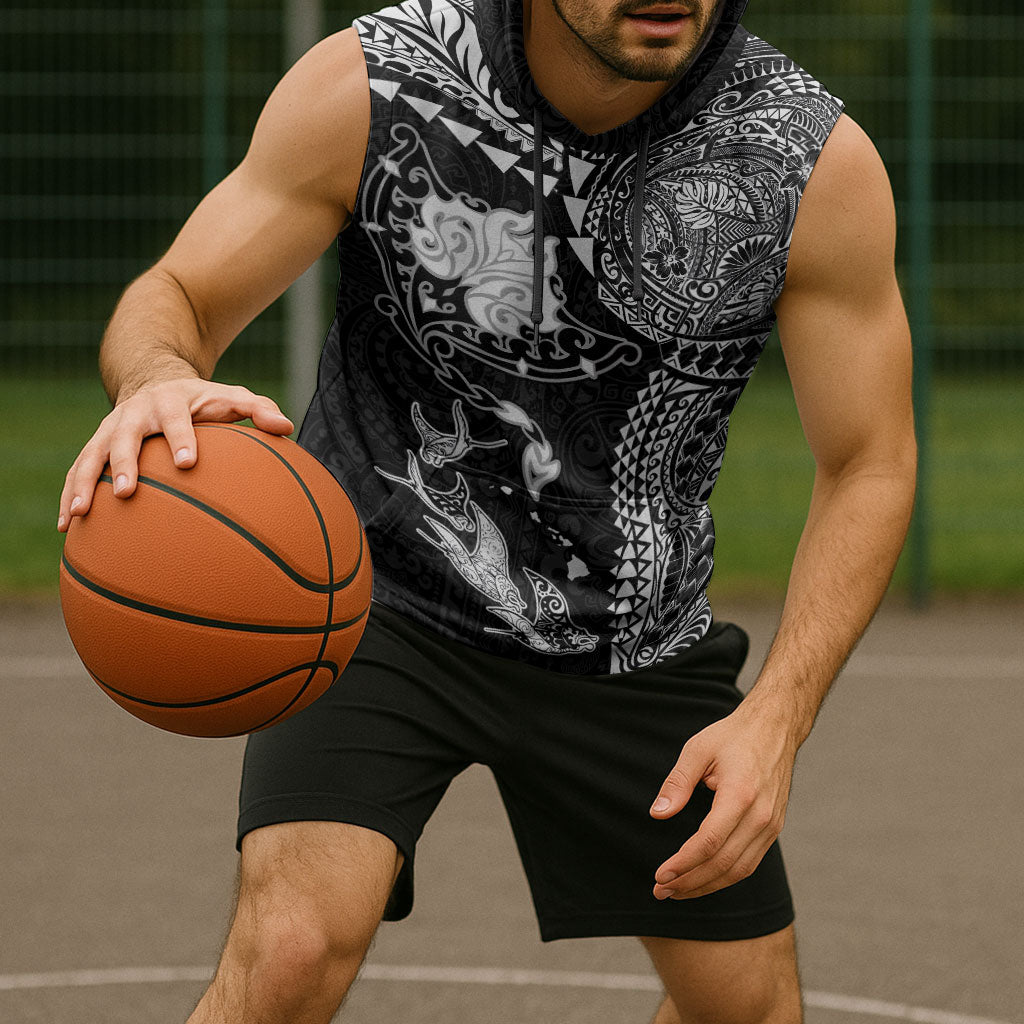 Hawaiian Manta Ray Tribal Sleeveless Hoodie Polynesian Art Motifs Black Color LT03 - Polynesian Pride