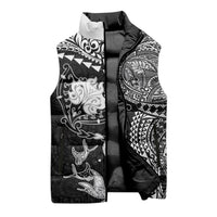 Hawaiian Manta Ray Tribal Sleeveless Puffer Jacket Polynesian Art Motifs Black Color