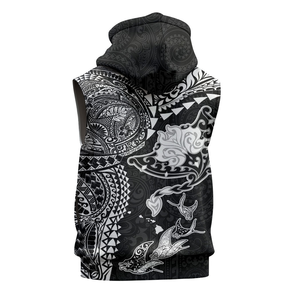 Hawaiian Manta Ray Tribal Sleeveless Zip Hoodie Polynesian Art Motifs Black Color LT03 - Polynesian Pride