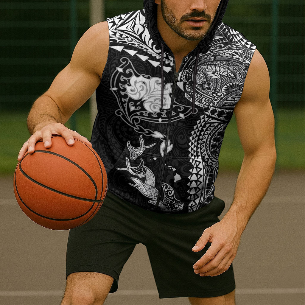 Hawaiian Manta Ray Tribal Sleeveless Zip Hoodie Polynesian Art Motifs Black Color LT03 - Polynesian Pride