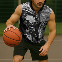 Hawaiian Manta Ray Tribal Sleeveless Zip Hoodie Polynesian Art Motifs Black Color LT03 - Polynesian Pride