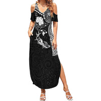 Hawaiian Manta Ray Tribal Summer Maxi Dress Polynesian Art Motifs Black Color LT03 Women Black - Polynesian Pride