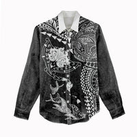 Hawaiian Manta Ray Tribal Women Casual Shirt Polynesian Art Motifs Black Color LT03 - Polynesian Pride