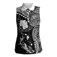 Hawaiian Manta Ray Tribal Women Sleeveless Polo Shirt Polynesian Art Motifs Black Color LT03 Female Black - Polynesian Pride