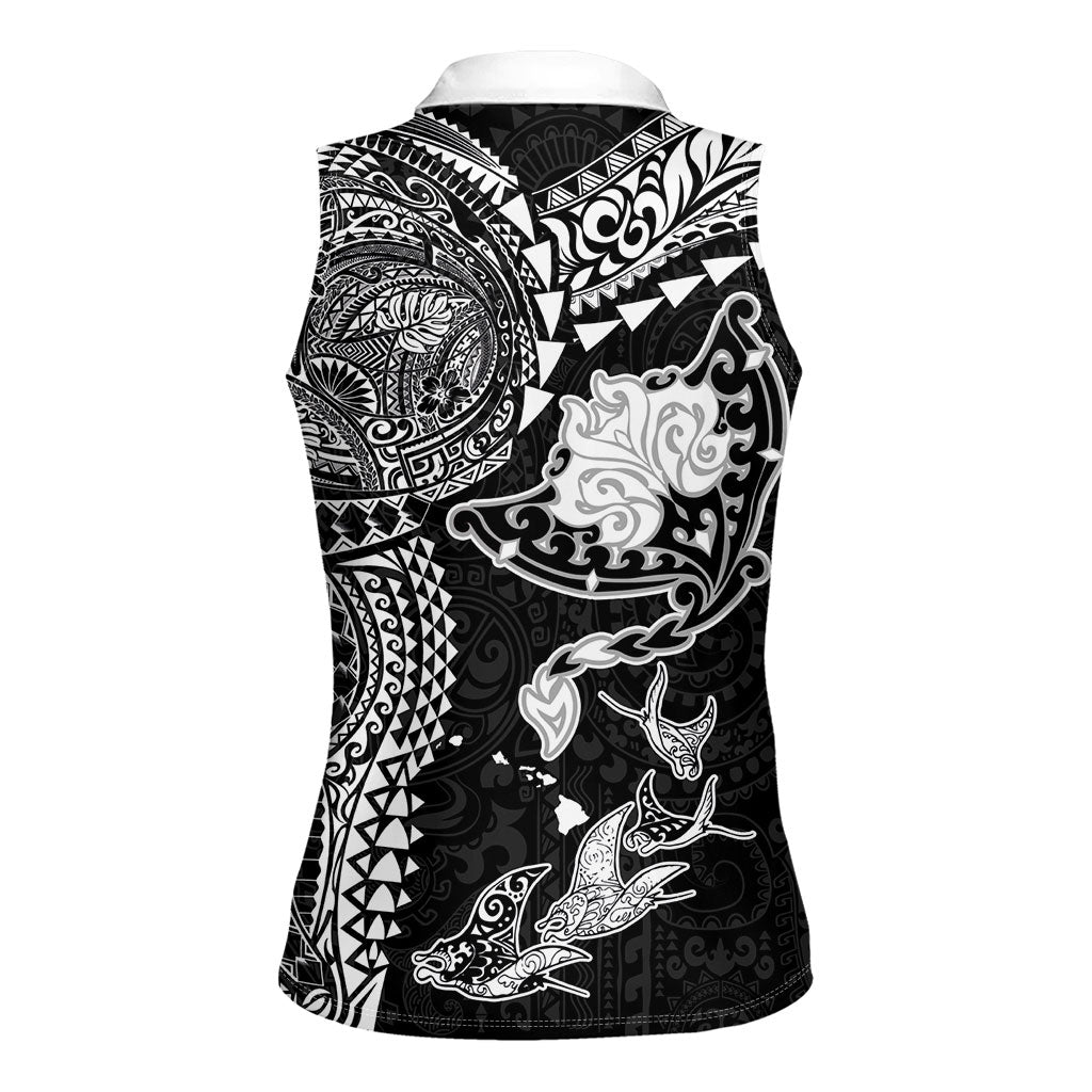 Hawaiian Manta Ray Tribal Women Sleeveless Polo Shirt Polynesian Art Motifs Black Color LT03 - Polynesian Pride