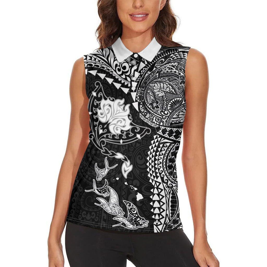 Hawaiian Manta Ray Tribal Women Sleeveless Polo Shirt Polynesian Art Motifs Black Color LT03 - Polynesian Pride