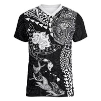 Hawaiian Manta Ray Tribal Women V-Neck T-Shirt Polynesian Art Motifs Black Color LT03 Female Black - Polynesian Pride