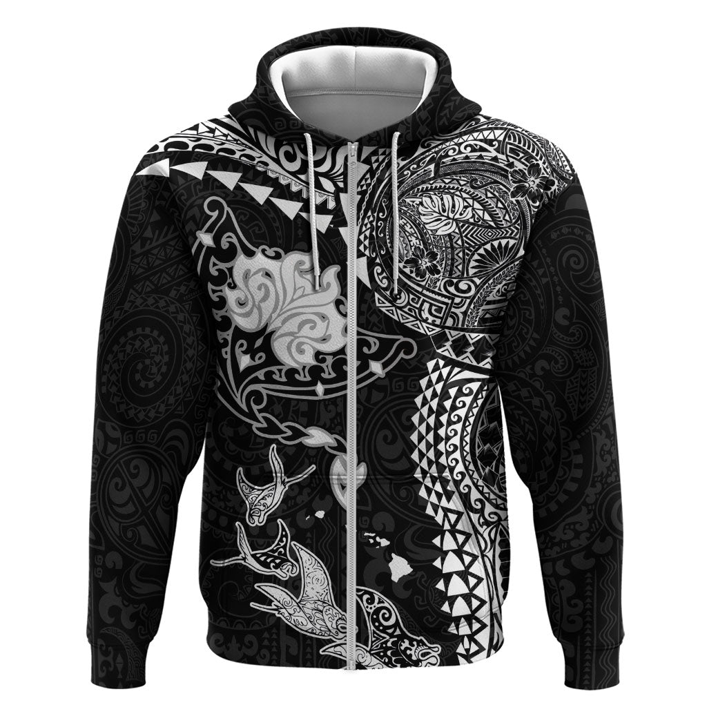 Hawaiian Manta Ray Tribal Zip Hoodie Polynesian Art Motifs Black Color LT03 Zip Hoodie Black - Polynesian Pride