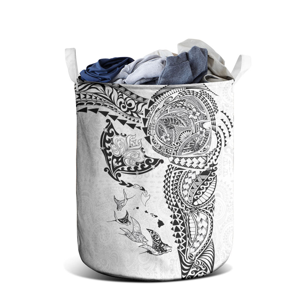 Hawaiian Manta Ray Tribal Laundry Basket Polynesian Art Motifs White Color LT03 - Polynesian Pride