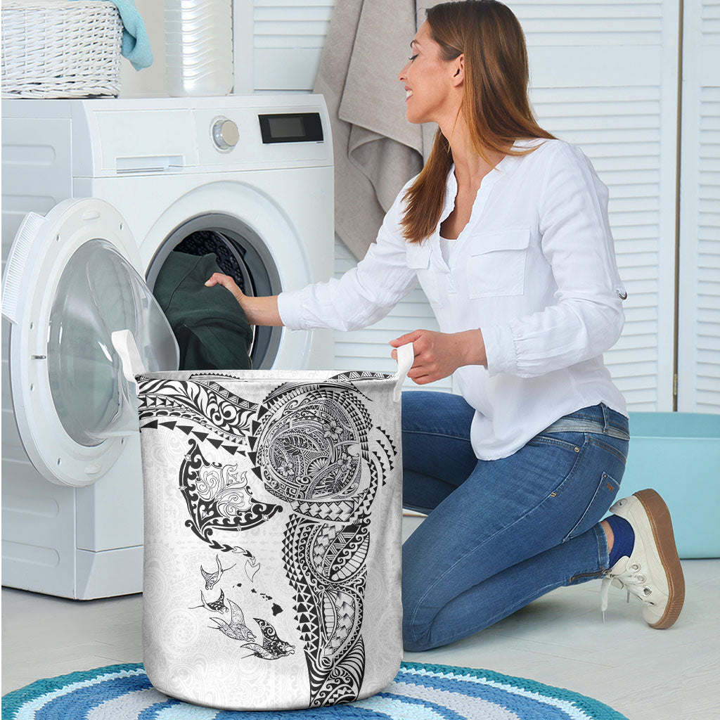 Hawaiian Manta Ray Tribal Laundry Basket Polynesian Art Motifs White Color LT03 - Polynesian Pride