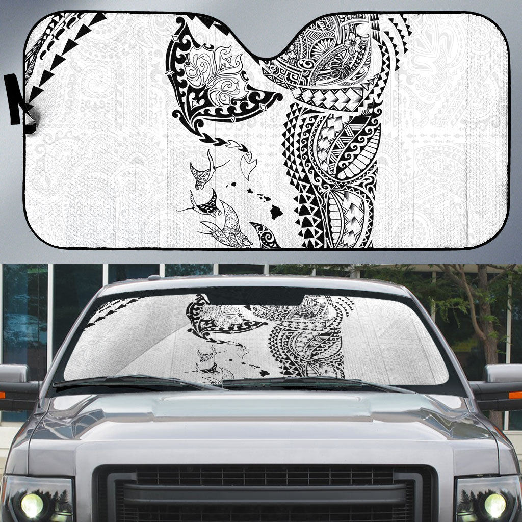 Hawaiian Manta Ray Tribal Auto Sun Shade Polynesian Art Motifs White Color LT03 White - Polynesian Pride