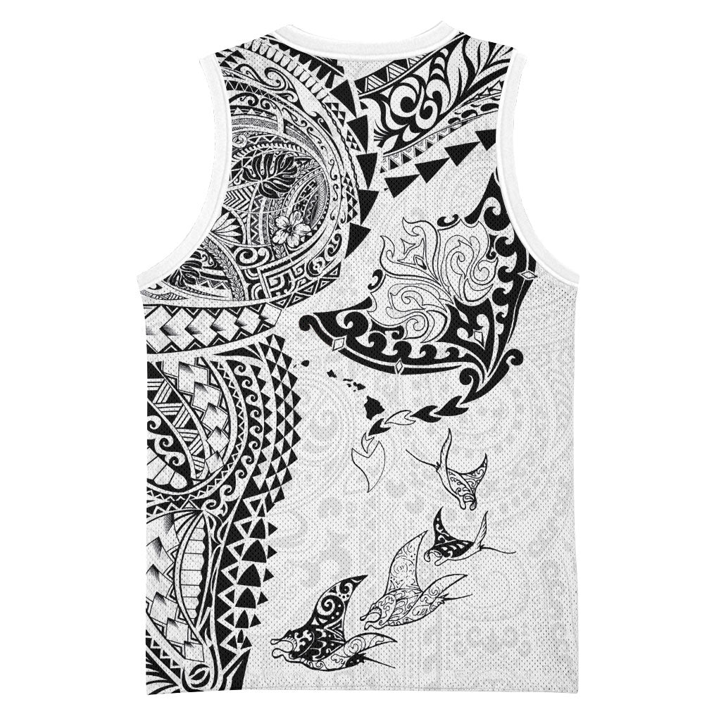 Hawaiian Manta Ray Tribal Basketball Jersey Polynesian Art Motifs White Color LT03 - Polynesian Pride