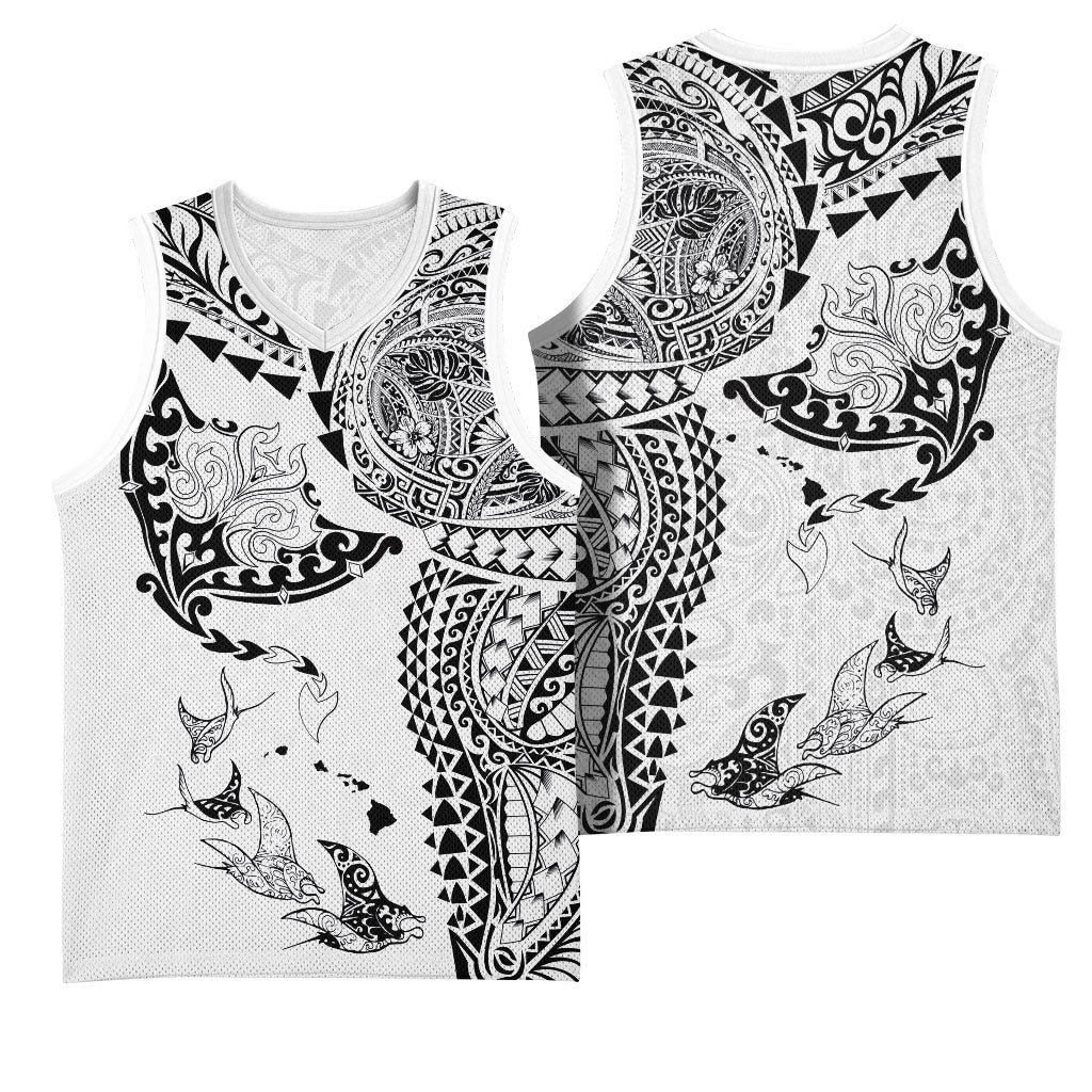 Hawaiian Manta Ray Tribal Basketball Jersey Polynesian Art Motifs White Color LT03 - Polynesian Pride