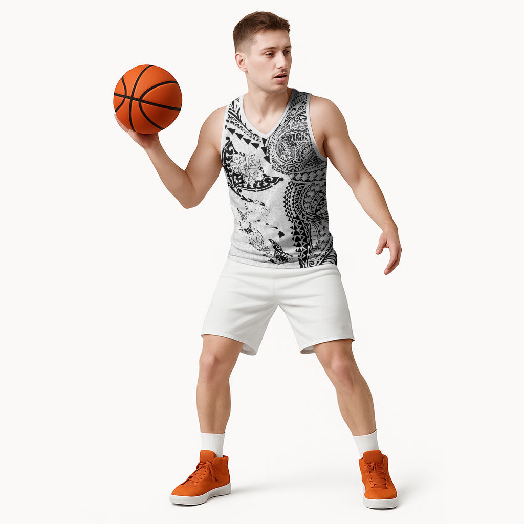 Hawaiian Manta Ray Tribal Basketball Jersey Polynesian Art Motifs White Color LT03 - Polynesian Pride