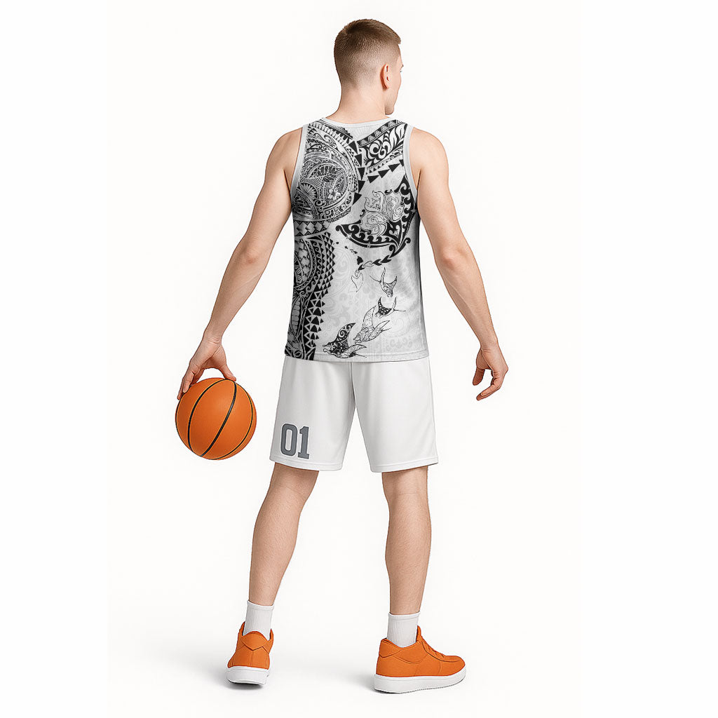 Hawaiian Manta Ray Tribal Basketball Jersey Polynesian Art Motifs White Color LT03 - Polynesian Pride