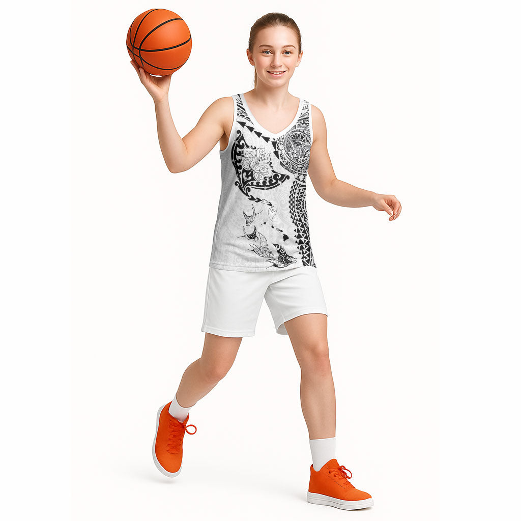 Hawaiian Manta Ray Tribal Basketball Jersey Polynesian Art Motifs White Color LT03 - Polynesian Pride