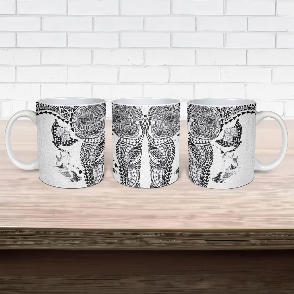 Hawaiian Manta Ray Tribal Ceramic Mug Polynesian Art Motifs White Color