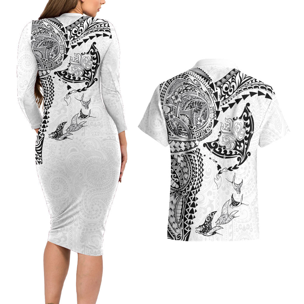 Hawaiian Manta Ray Tribal Couples Matching Long Sleeve Bodycon Dress and Hawaiian Shirt Polynesian Art Motifs White Color LT03 - Polynesian Pride