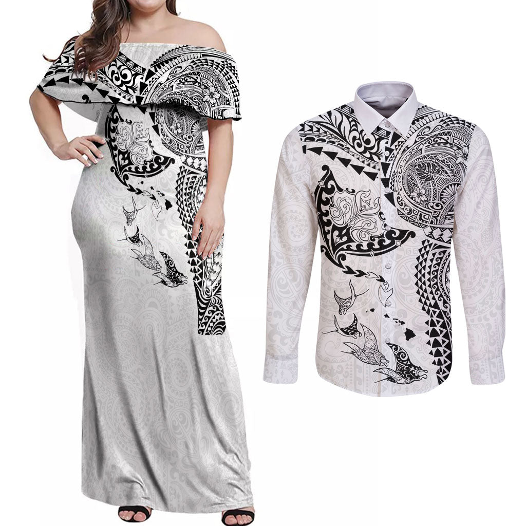 Hawaiian Manta Ray Tribal Couples Matching Off Shoulder Maxi Dress and Long Sleeve Button Shirt Polynesian Art Motifs White Color LT03 White - Polynesian Pride