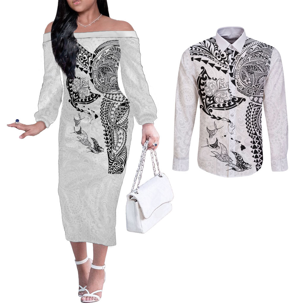 Hawaiian Manta Ray Tribal Couples Matching Off The Shoulder Long Sleeve Dress and Long Sleeve Button Shirt Polynesian Art Motifs White Color LT03 White - Polynesian Pride