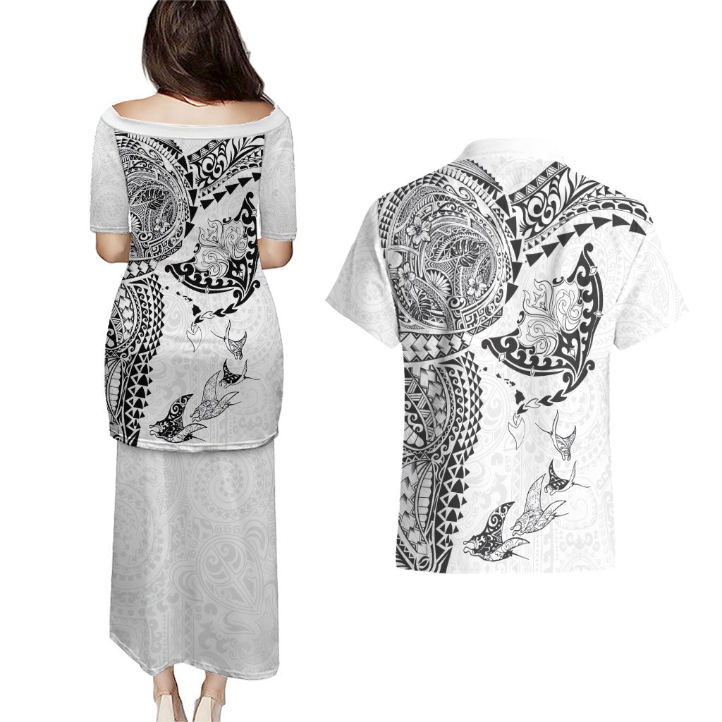 Hawaiian Manta Ray Tribal Couples Matching Puletasi and Hawaiian Shirt Polynesian Art Motifs White Color LT03 - Polynesian Pride