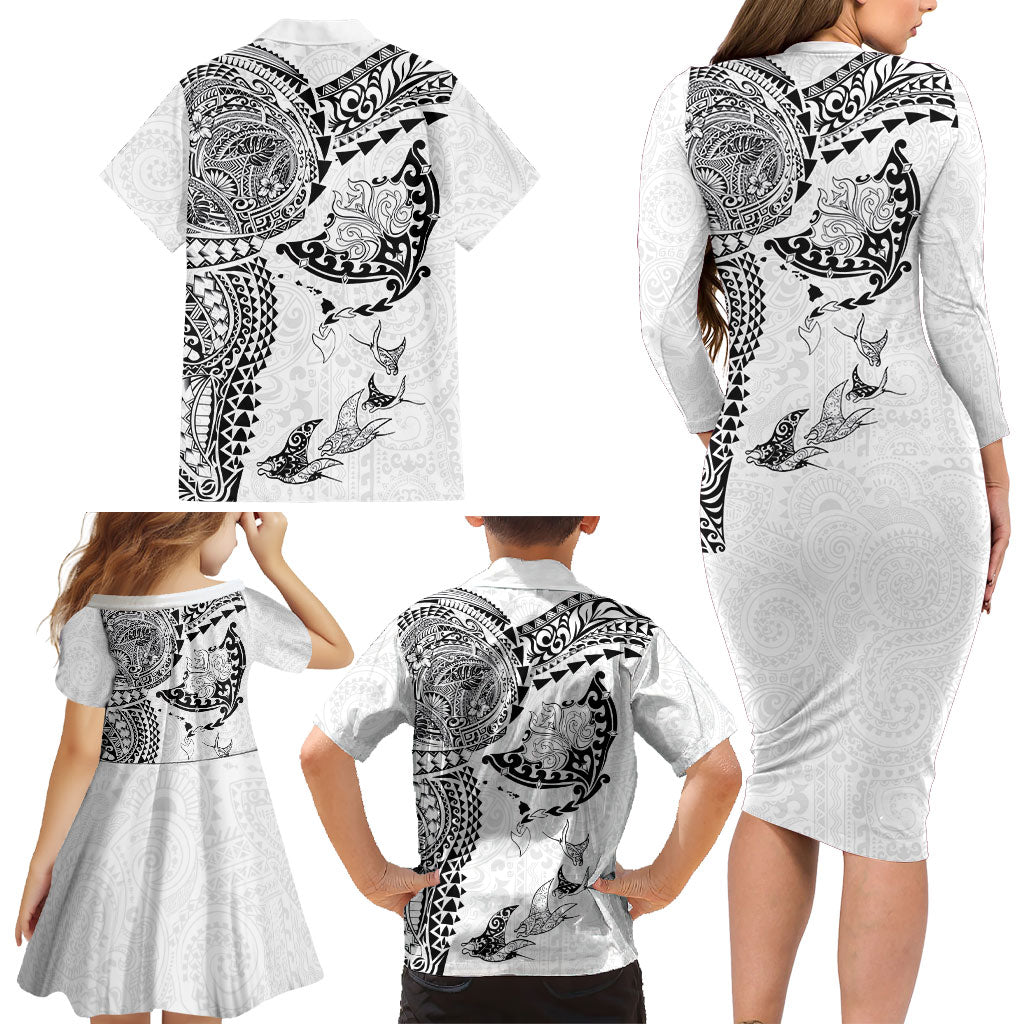 Hawaiian Manta Ray Tribal Family Matching Long Sleeve Bodycon Dress and Hawaiian Shirt Polynesian Art Motifs White Color LT03 - Polynesian Pride