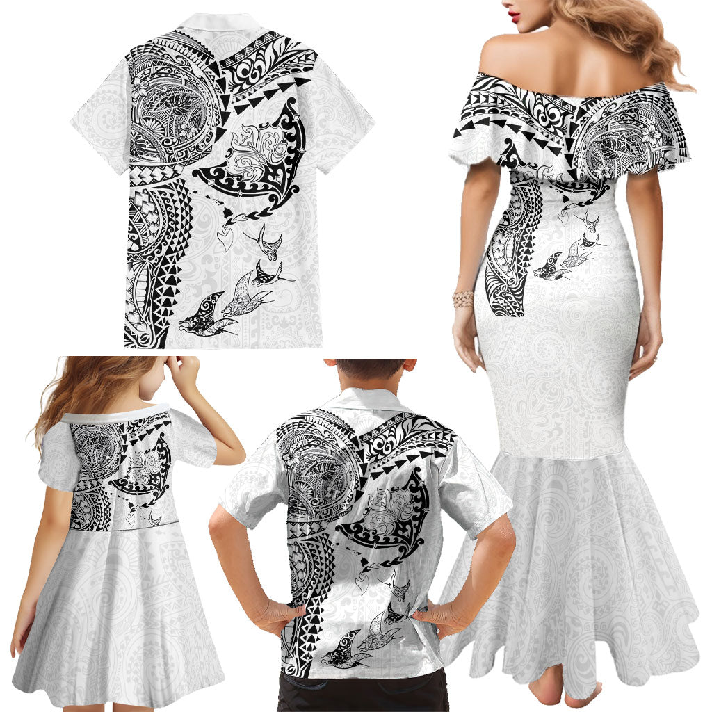 Hawaiian Manta Ray Tribal Family Matching Mermaid Dress and Hawaiian Shirt Polynesian Art Motifs White Color LT03 - Polynesian Pride