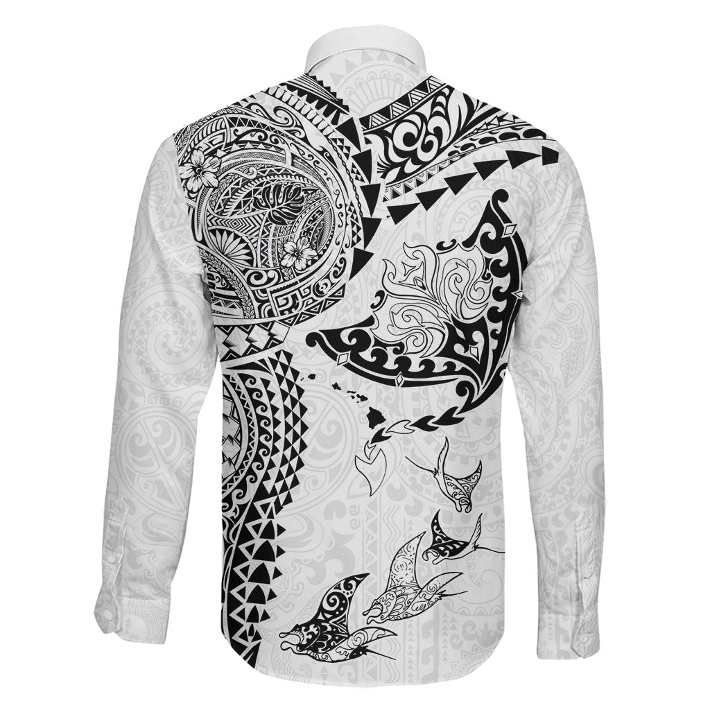 Hawaiian Manta Ray Tribal Family Matching Off The Shoulder Long Sleeve Dress and Hawaiian Shirt Polynesian Art Motifs White Color LT03 - Polynesian Pride