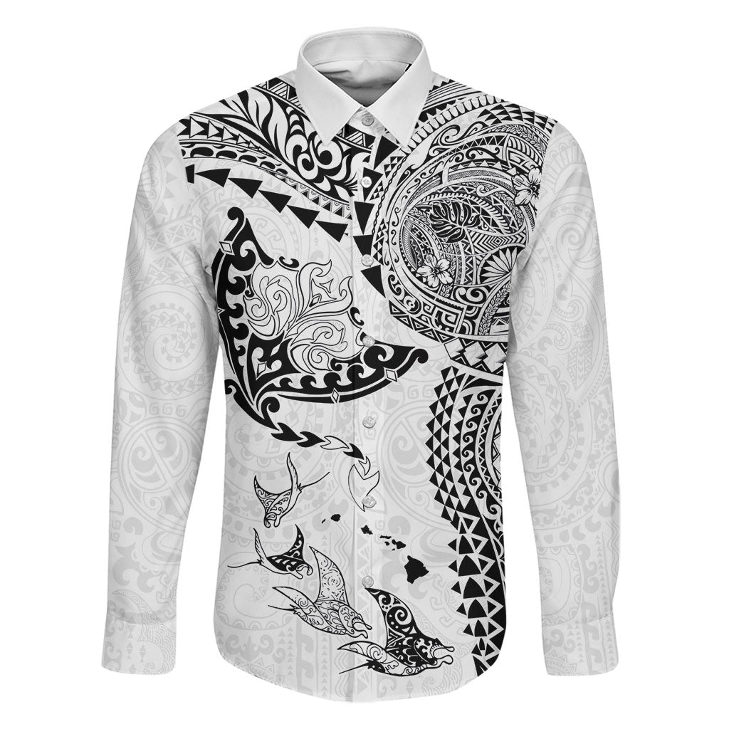Hawaiian Manta Ray Tribal Family Matching Off Shoulder Short Dress and Hawaiian Shirt Polynesian Art Motifs White Color LT03 Dad's Shirt - Long Sleeve White - Polynesian Pride