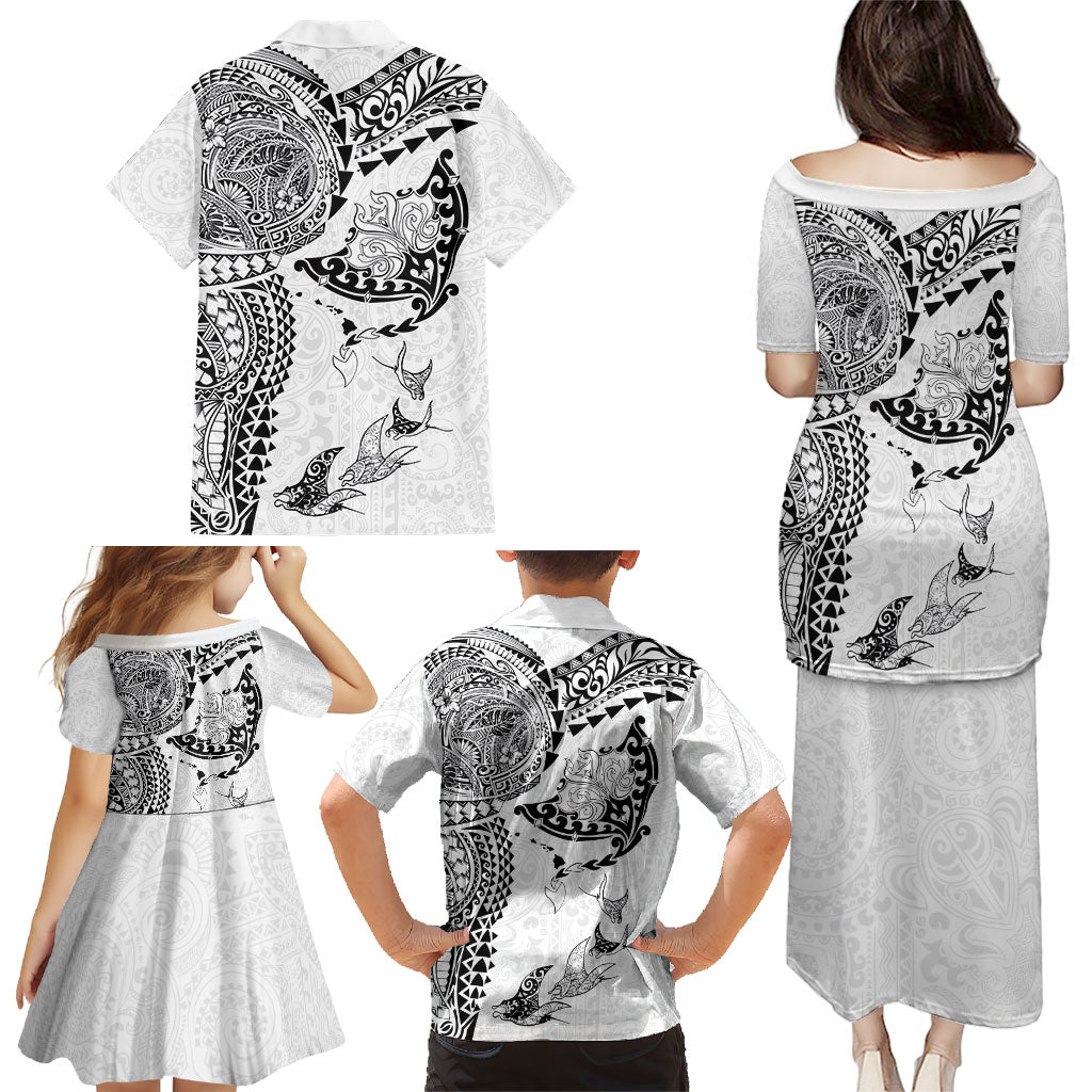 Hawaiian Manta Ray Tribal Family Matching Puletasi and Hawaiian Shirt Polynesian Art Motifs White Color LT03 - Polynesian Pride