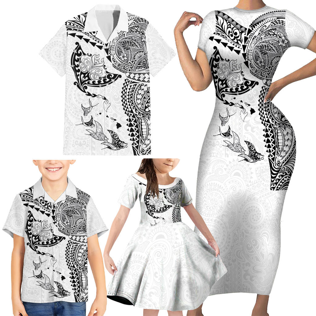 Hawaiian Manta Ray Tribal Family Matching Short Sleeve Bodycon Dress and Hawaiian Shirt Polynesian Art Motifs White Color