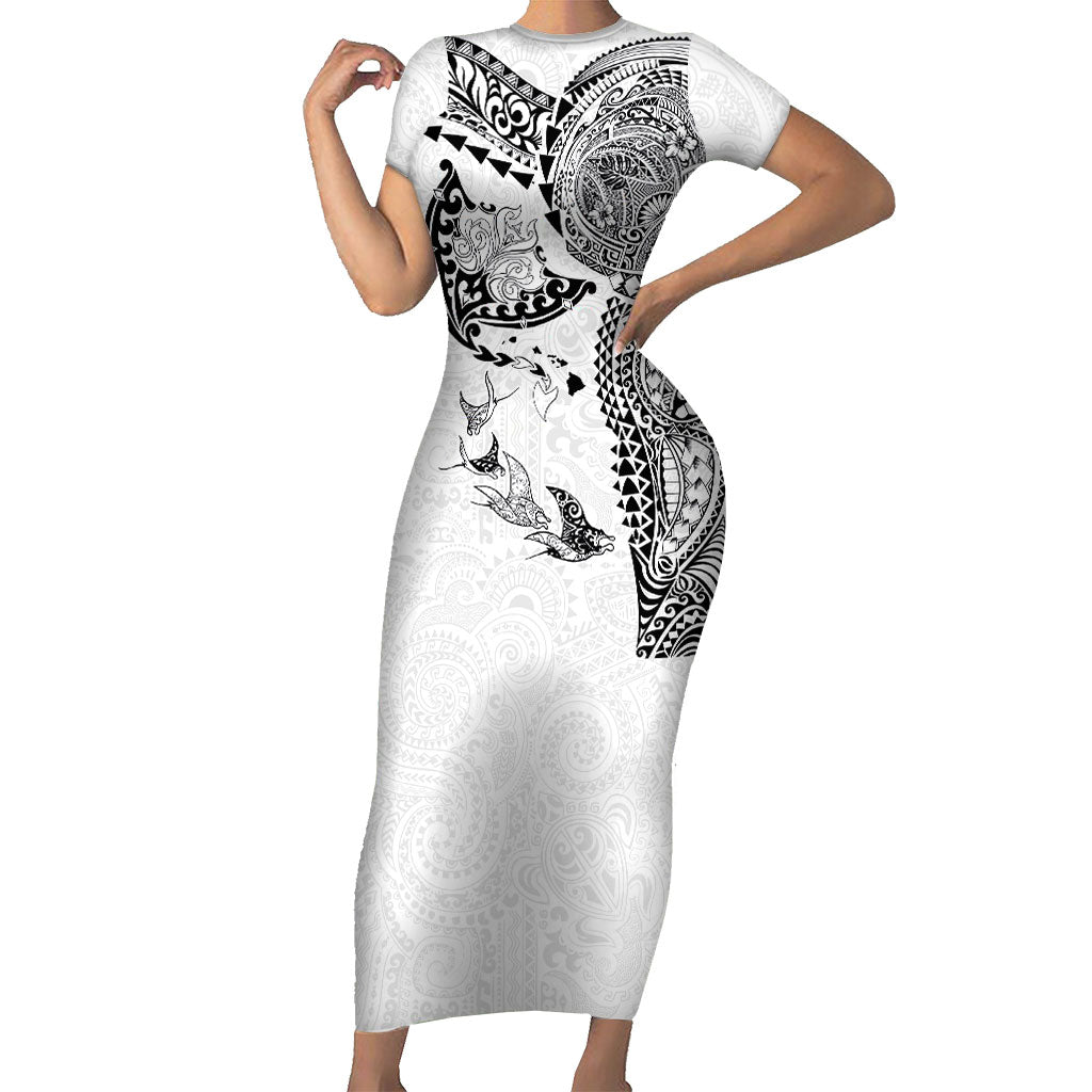 Hawaiian Manta Ray Tribal Family Matching Short Sleeve Bodycon Dress and Hawaiian Shirt Polynesian Art Motifs White Color LT03 Mom's Dress White - Polynesian Pride