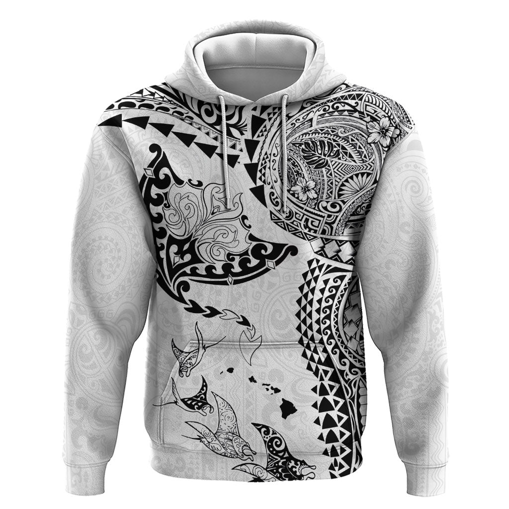 Hawaiian Manta Ray Tribal Hoodie Polynesian Art Motifs White Color LT03 Pullover Hoodie White - Polynesian Pride