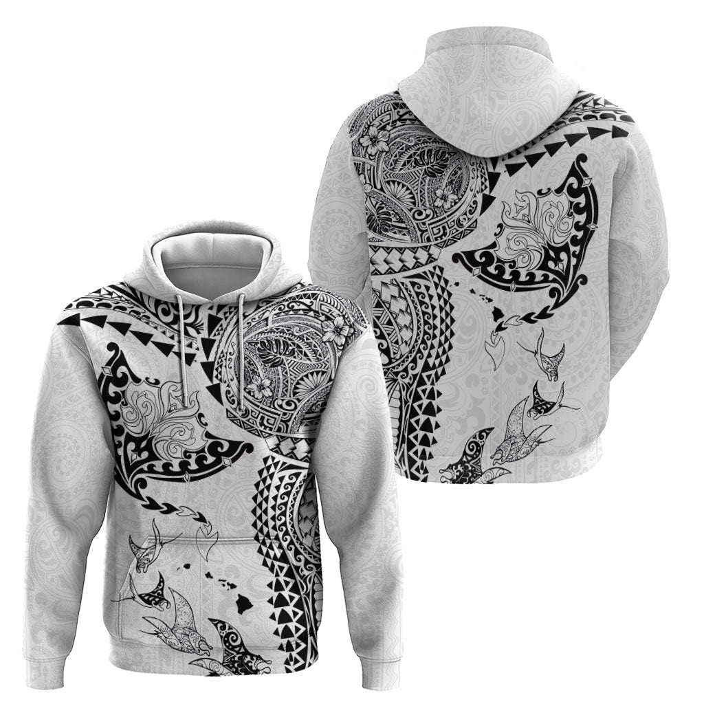Hawaiian Manta Ray Tribal Hoodie Polynesian Art Motifs White Color LT03 - Polynesian Pride