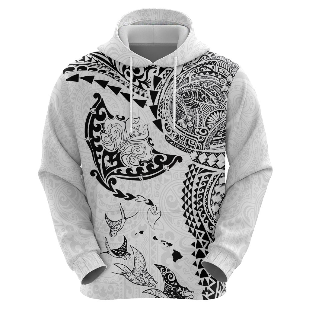 Hawaiian Manta Ray Tribal Hoodie Polynesian Art Motifs White Color LT03 - Polynesian Pride