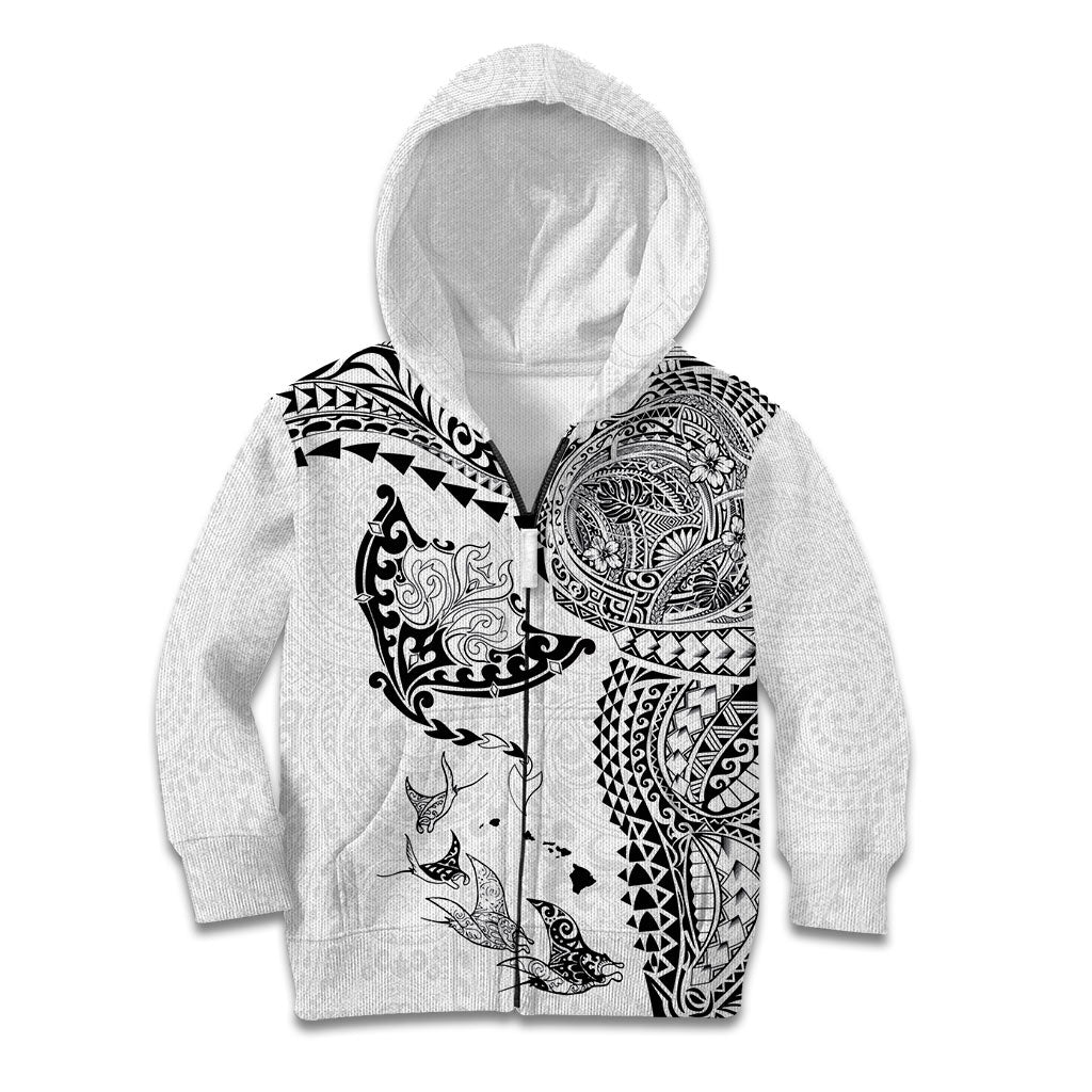 Hawaiian Manta Ray Tribal Kid Hoodie Polynesian Art Motifs White Color LT03 Zip Hoodie White - Polynesian Pride