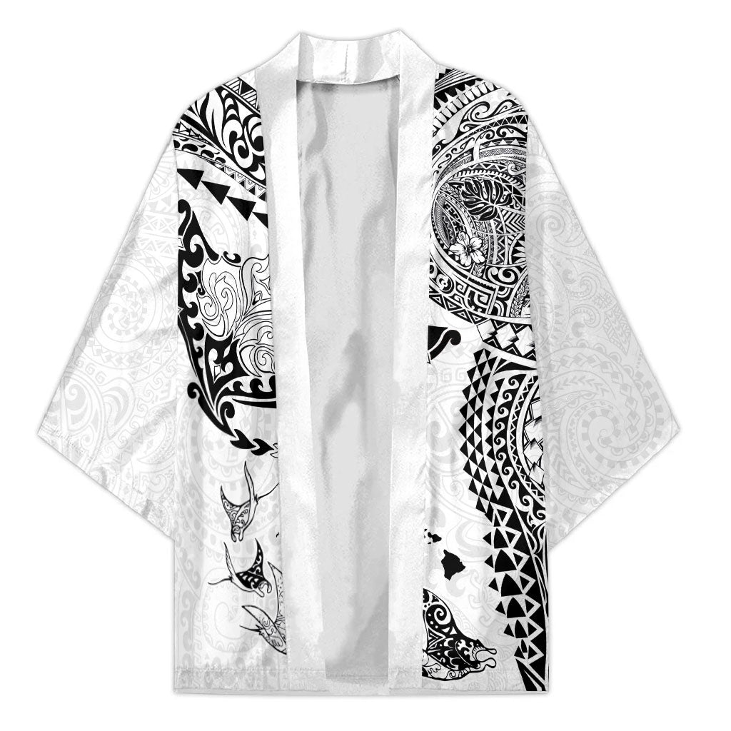 Hawaiian Manta Ray Tribal Kimono Polynesian Art Motifs White Color LT03 Unisex White - Polynesian Pride