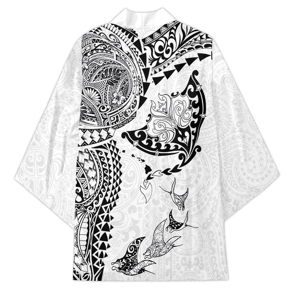 Hawaiian Manta Ray Tribal Kimono Polynesian Art Motifs White Color LT03 - Polynesian Pride