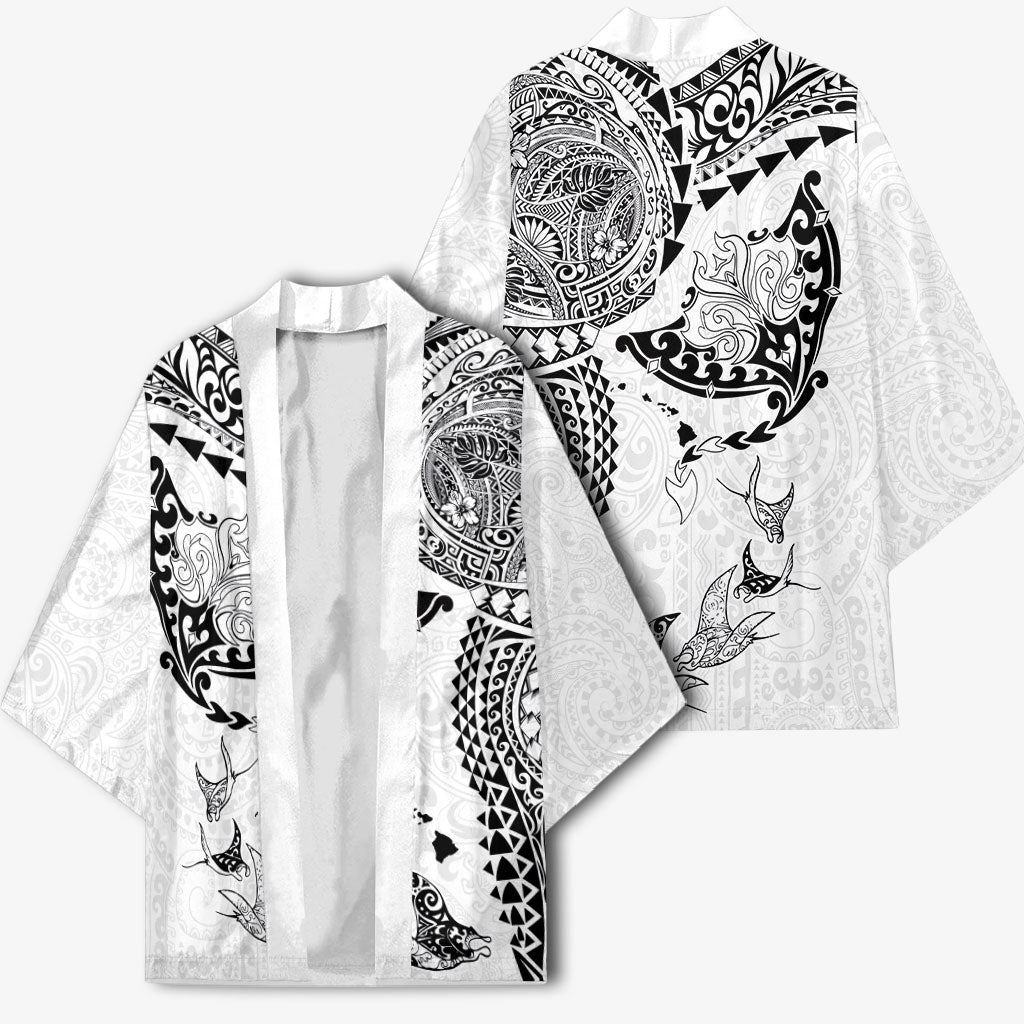 Hawaiian Manta Ray Tribal Kimono Polynesian Art Motifs White Color LT03 - Polynesian Pride
