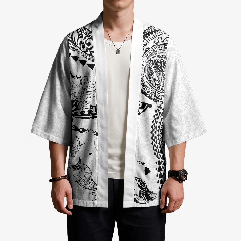 Hawaiian Manta Ray Tribal Kimono Polynesian Art Motifs White Color LT03 - Polynesian Pride