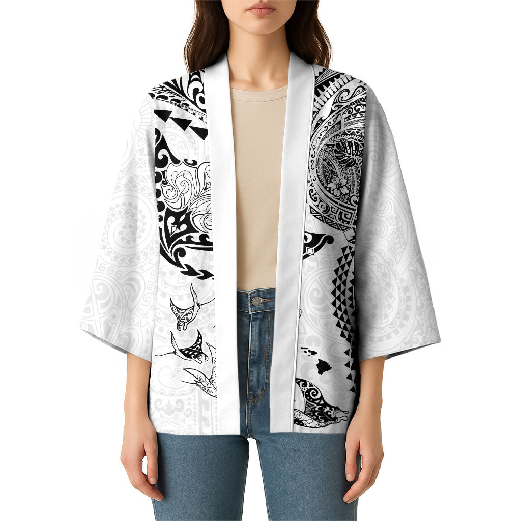 Hawaiian Manta Ray Tribal Kimono Polynesian Art Motifs White Color LT03 - Polynesian Pride