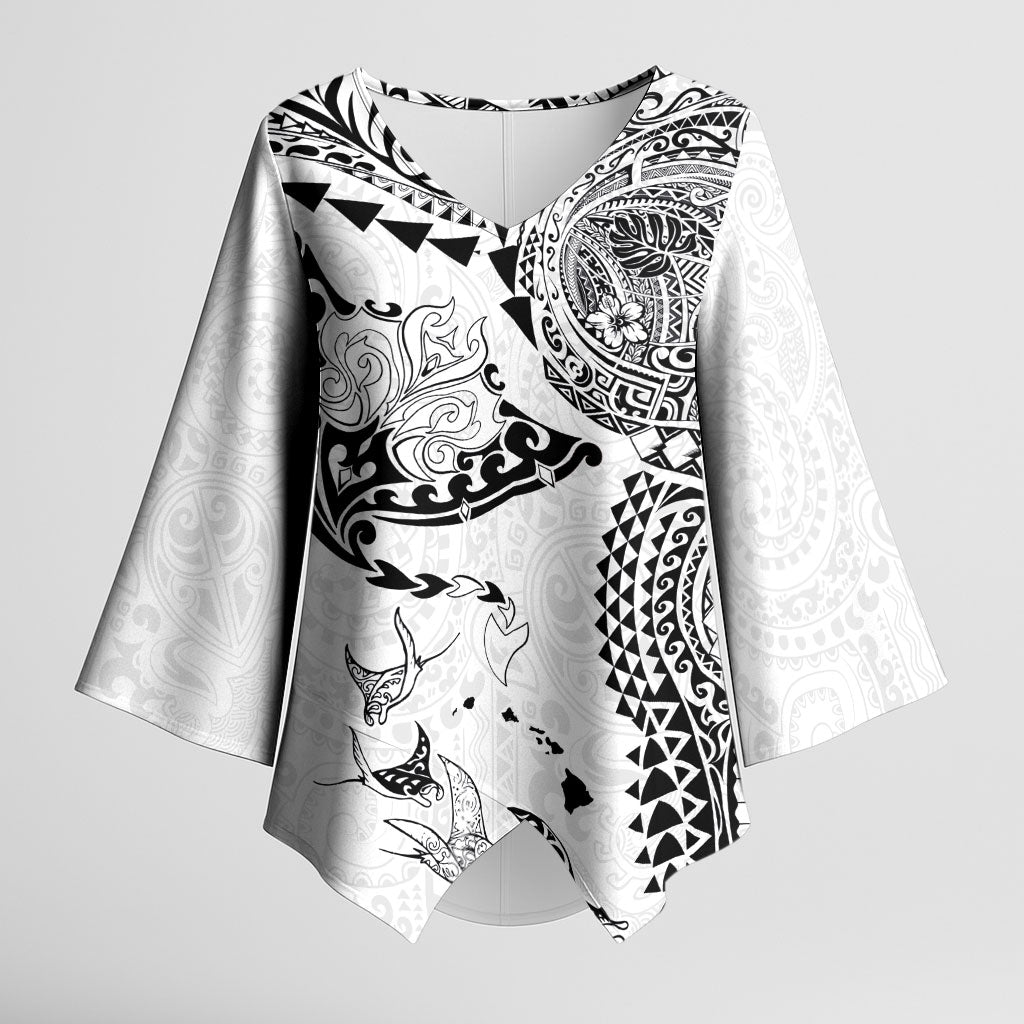 Hawaiian Manta Ray Tribal Kimono Sleeve Blouse Polynesian Art Motifs White Color LT03 Female White - Polynesian Pride