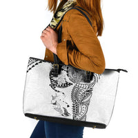 Hawaiian Manta Ray Tribal Leather Tote Bag Polynesian Art Motifs White Color