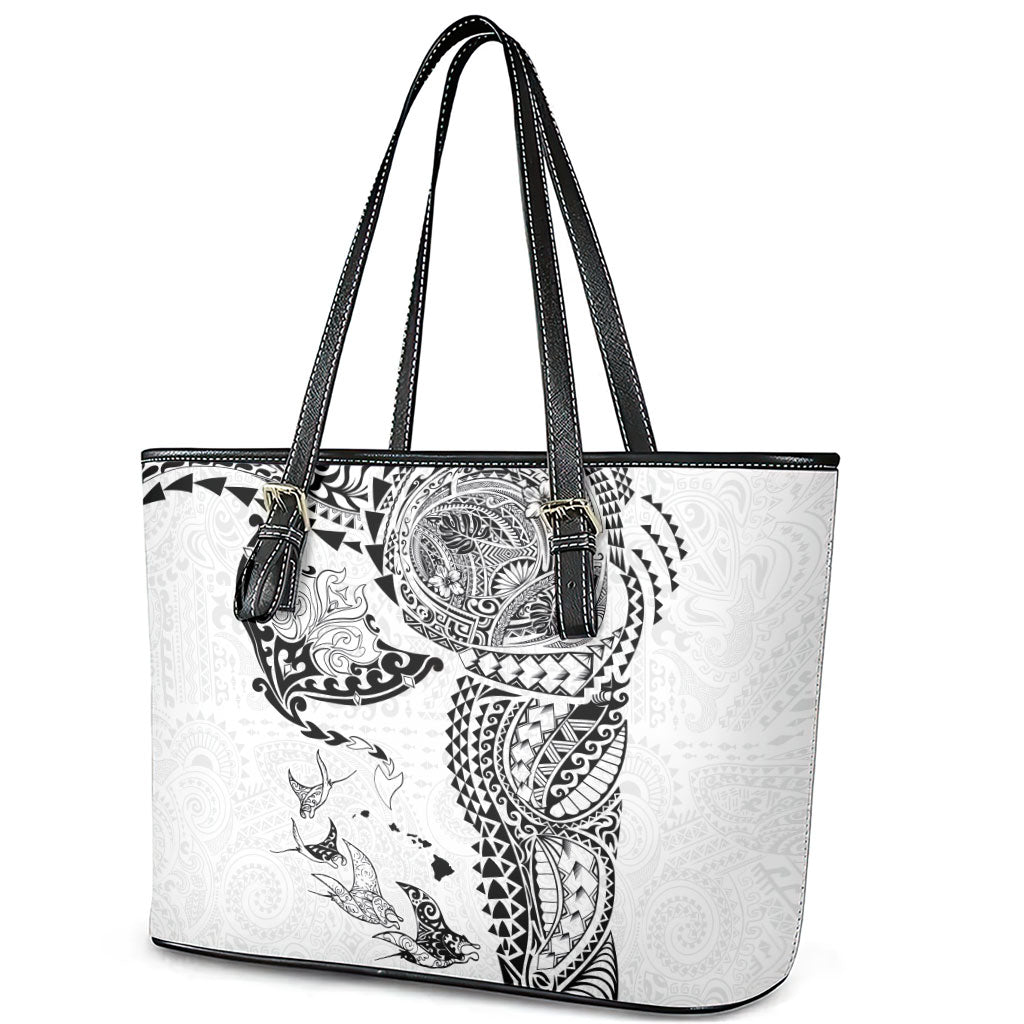 Hawaiian Manta Ray Tribal Leather Tote Bag Polynesian Art Motifs White Color