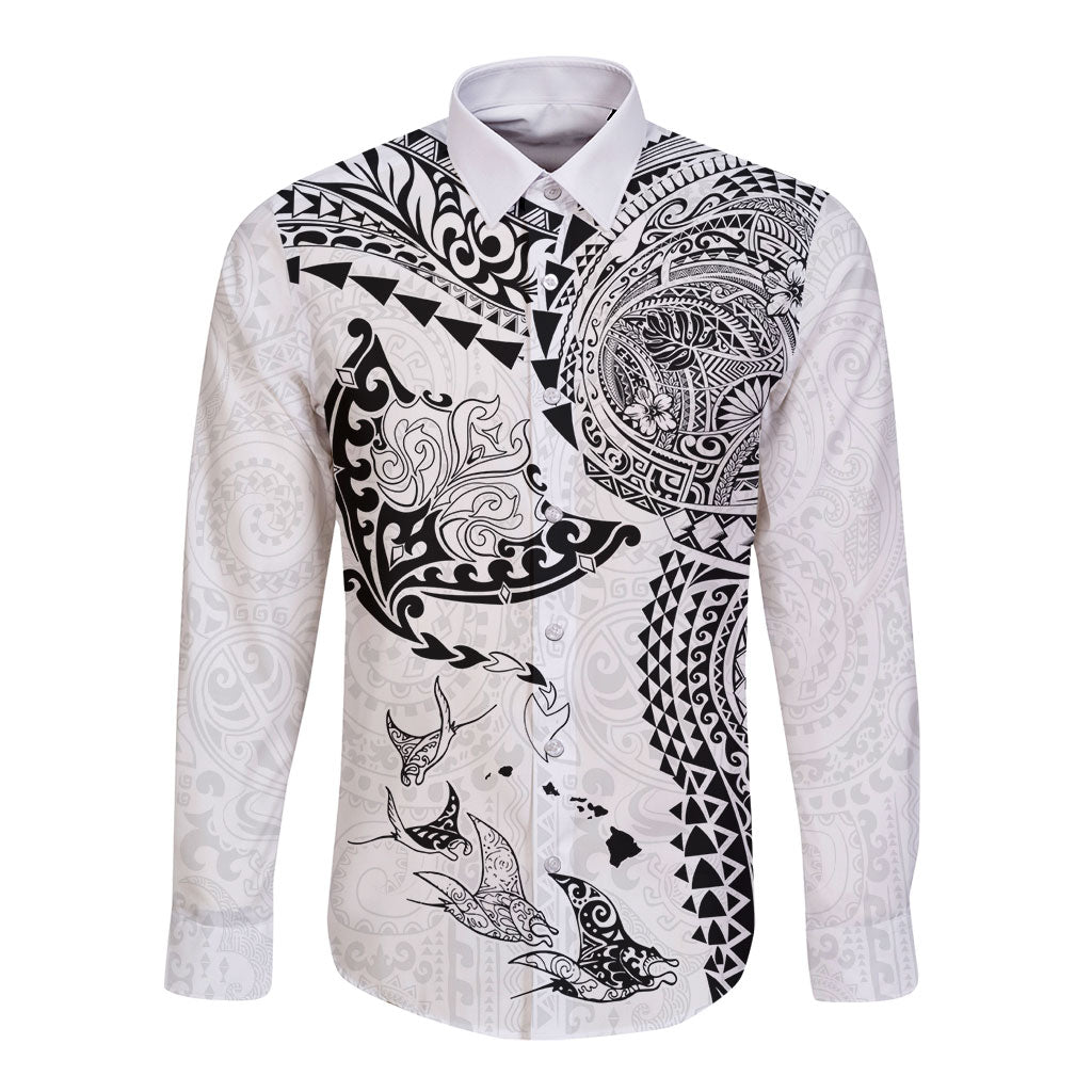 Hawaiian Manta Ray Tribal Long Sleeve Button Shirt Polynesian Art Motifs White Color