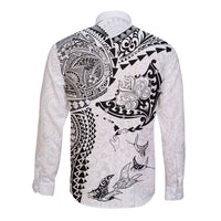 Hawaiian Manta Ray Tribal Long Sleeve Button Shirt Polynesian Art Motifs White Color