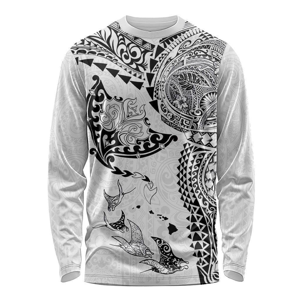 Hawaiian Manta Ray Tribal Long Sleeve Shirt Polynesian Art Motifs White Color LT03 Unisex White - Polynesian Pride