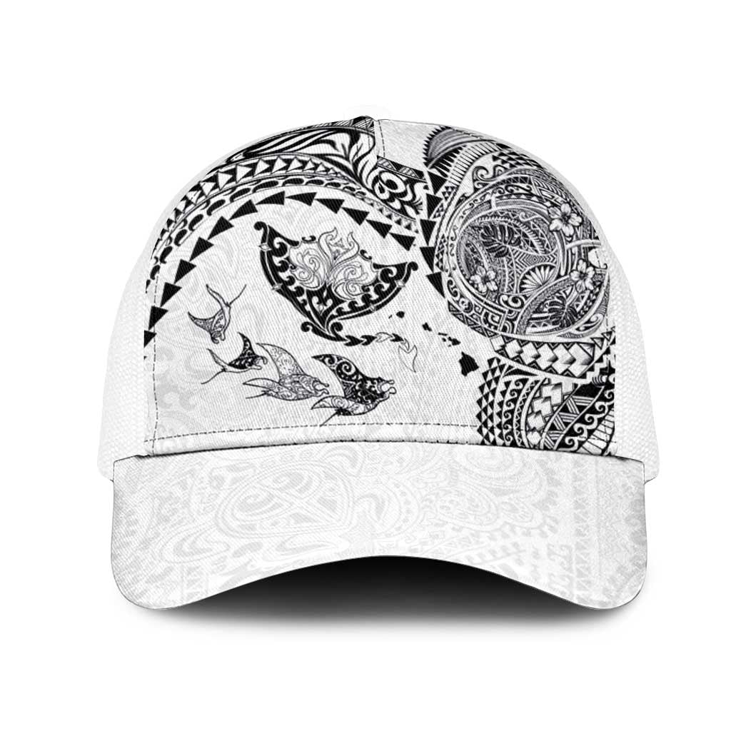 Hawaiian Manta Ray Tribal Mesh Trucker Cap Polynesian Art Motifs White Color LT03 One Size White White - Polynesian Pride