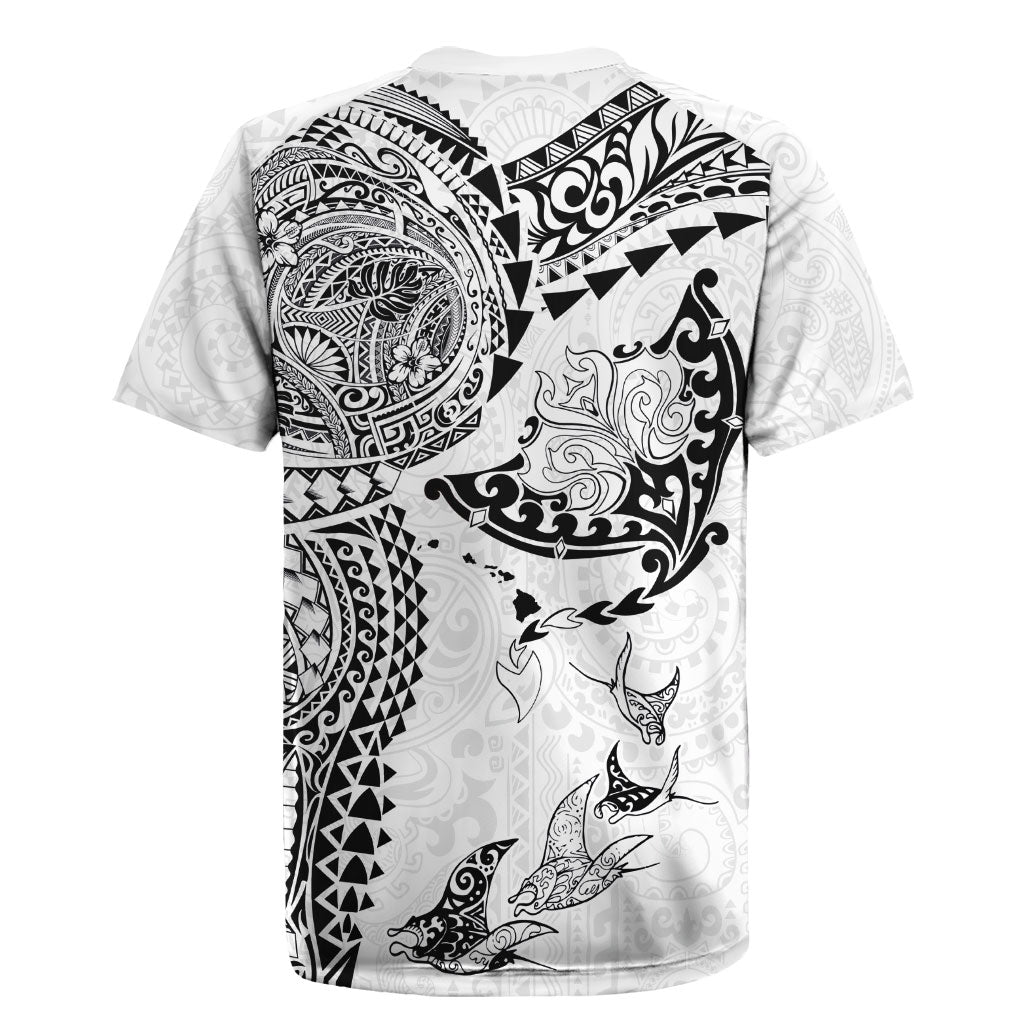 Hawaiian Manta Ray Tribal Rugby Jersey Polynesian Art Motifs White Color