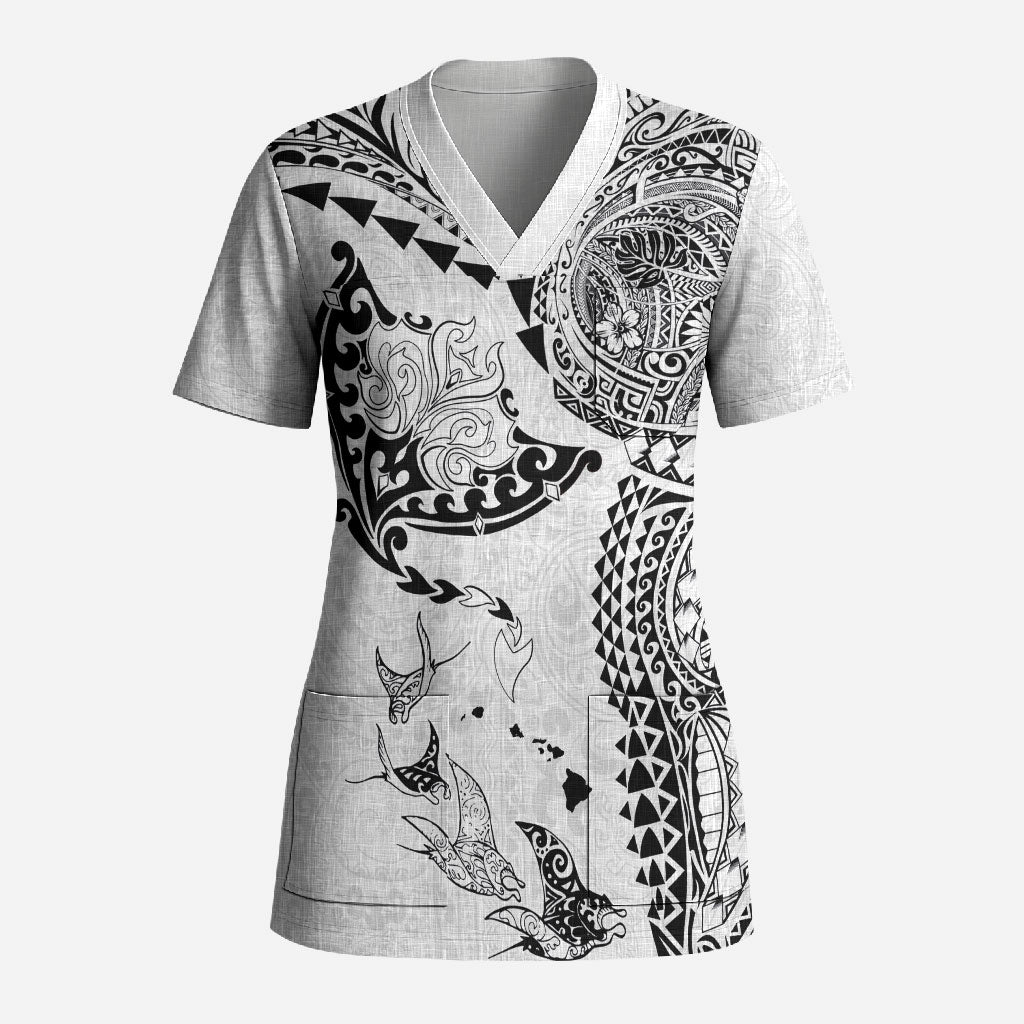 Hawaiian Manta Ray Tribal Scrub Top Polynesian Art Motifs White Color LT03 Adult White - Polynesian Pride